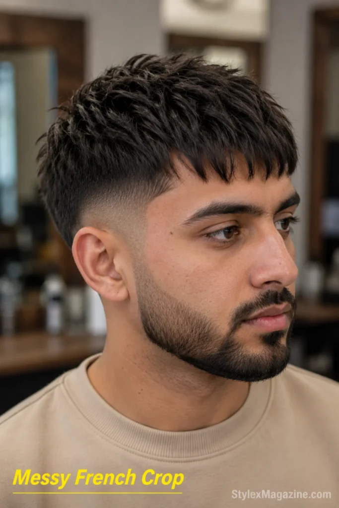 Messy French crop haircut with a short choppy top and broken textured fringe.