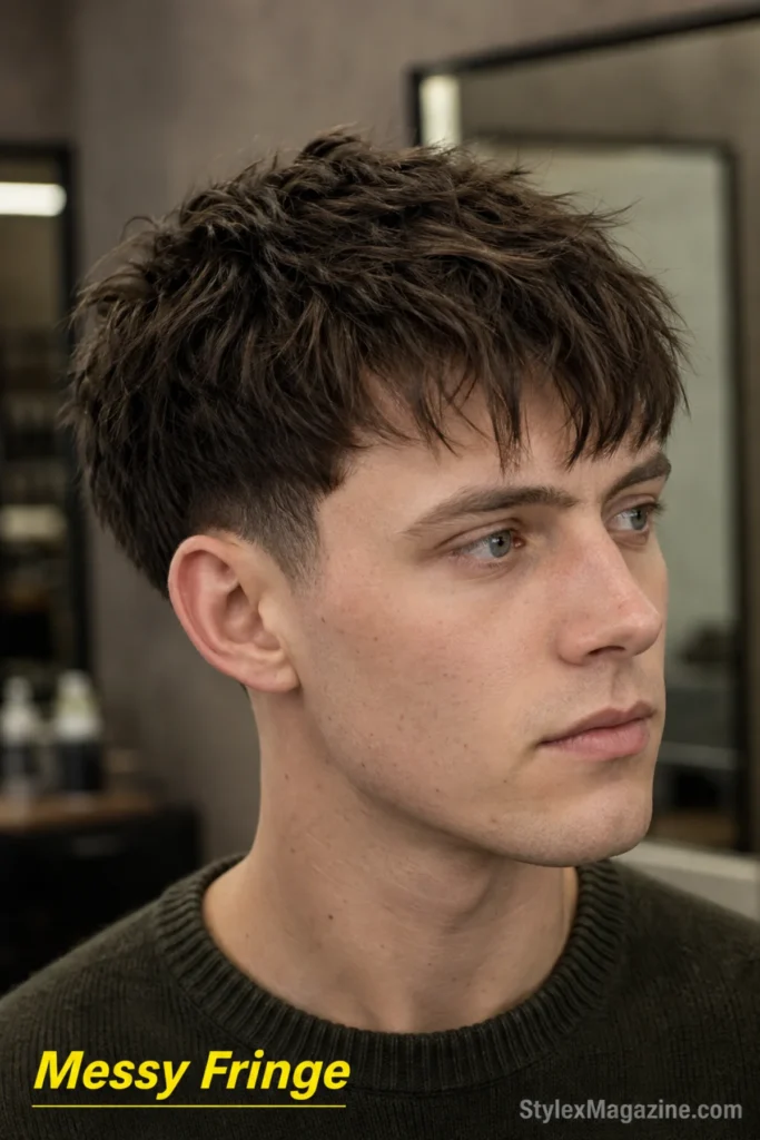 Messy fringe haircut for men with short textured layers falling naturally across the forehead.