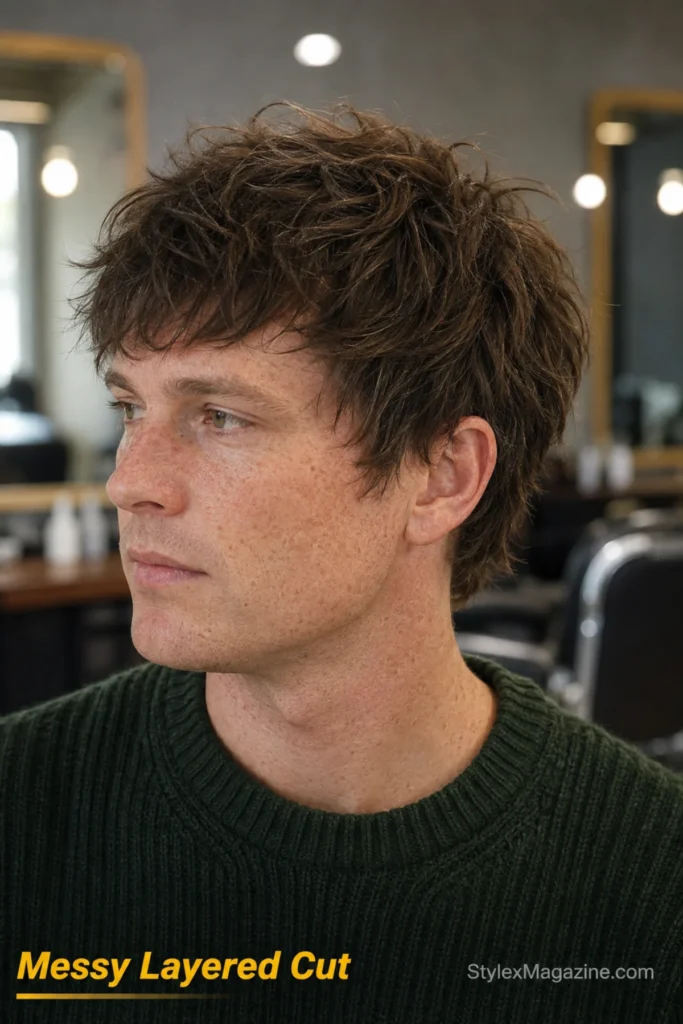 Messy layered haircut with soft texture throughout and a relaxed fringe over the forehead.
