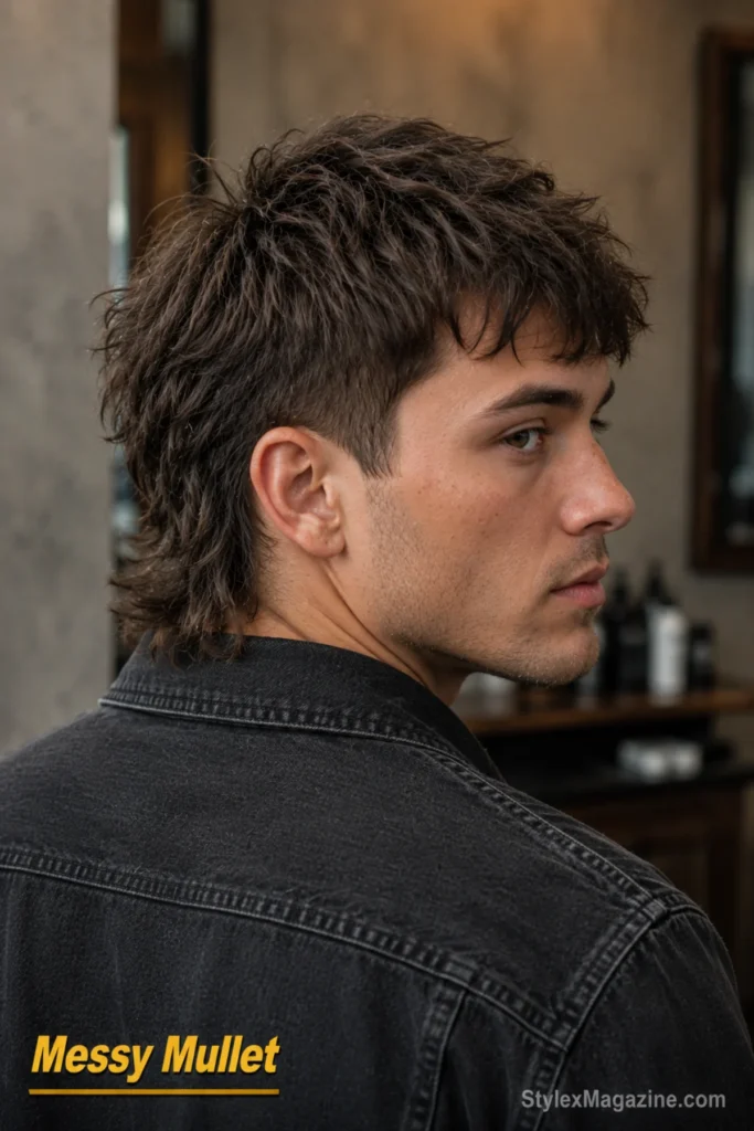 Messy mullet haircut with a short textured top and longer tousled back.