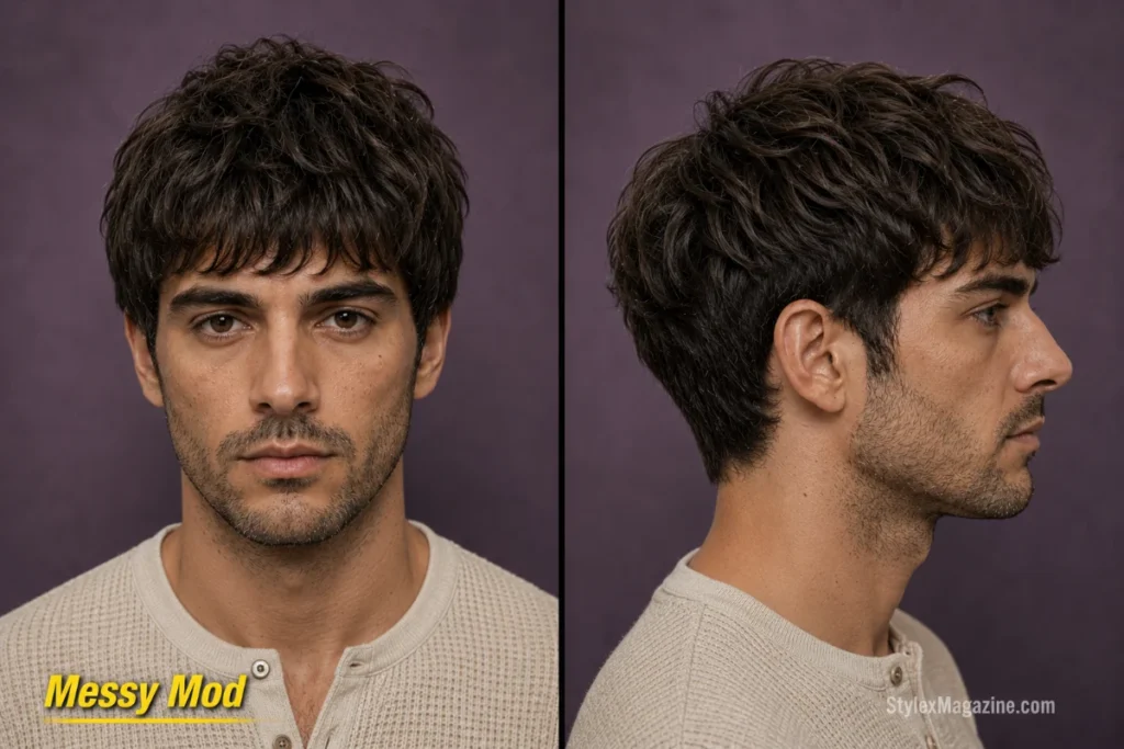 Messy mod haircut with tousled forward fringe, rounded shape, and layered scissor-cut sides.