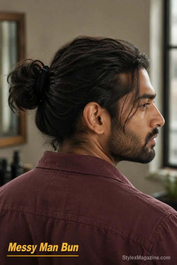 Messy man bun with loosely gathered long hair and free strands around the front and sides.