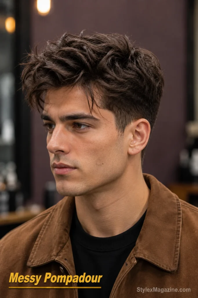 Messy pompadour hairstyle with relaxed front height and separated textured movement.