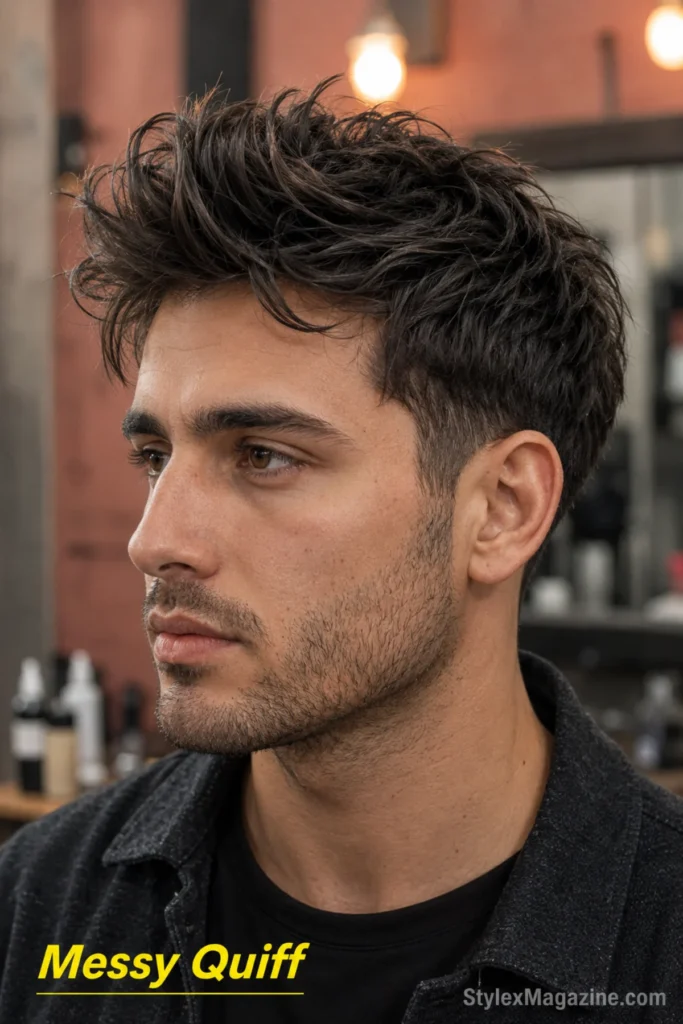 Messy quiff hairstyle for men with a lifted tousled top and neatly trimmed sides.