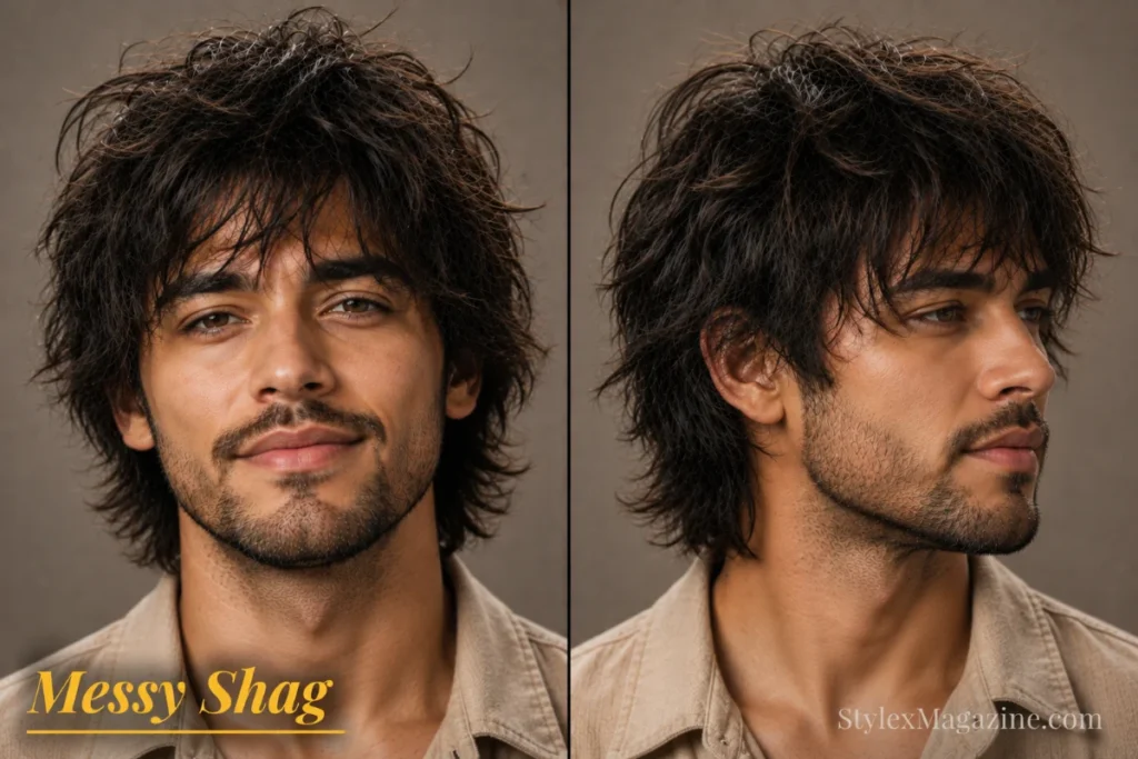 Messy shag haircut for men featuring relaxed layers, separated texture, and effortless movement.