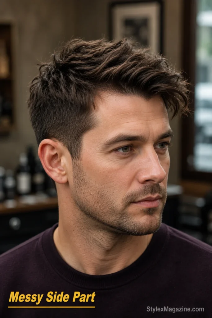 Messy side-part hairstyle with a longer relaxed top swept across tapered sides.