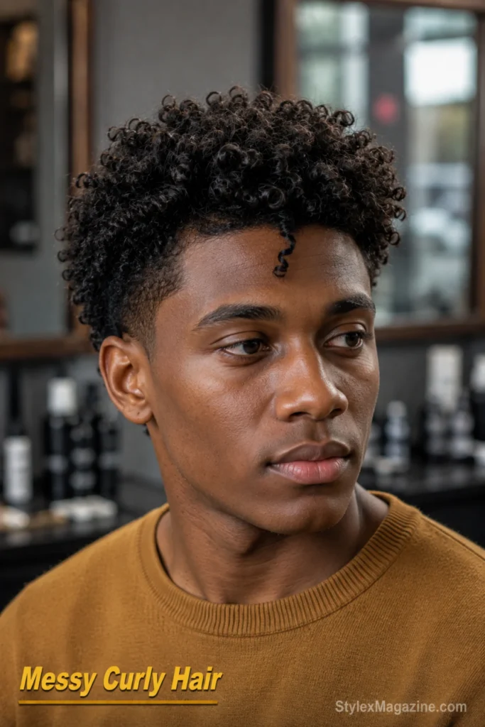 Messy slick-back hairstyle with hair directed loosely backward and natural crown volume.
