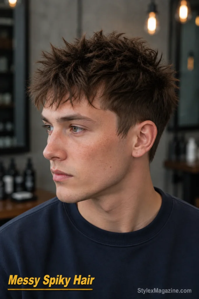 Messy spiky hairstyle with short uneven layers lifted in varied natural directions.