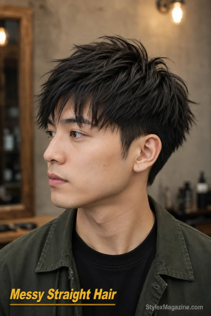 Messy straight hairstyle with point-cut layers creating natural deliberate disorder.