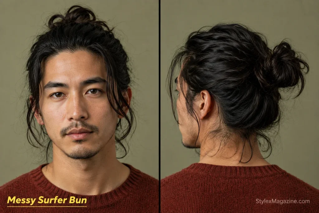 Loose messy surfer top knot for men with face-framing strands, crown volume and a natural neckline.