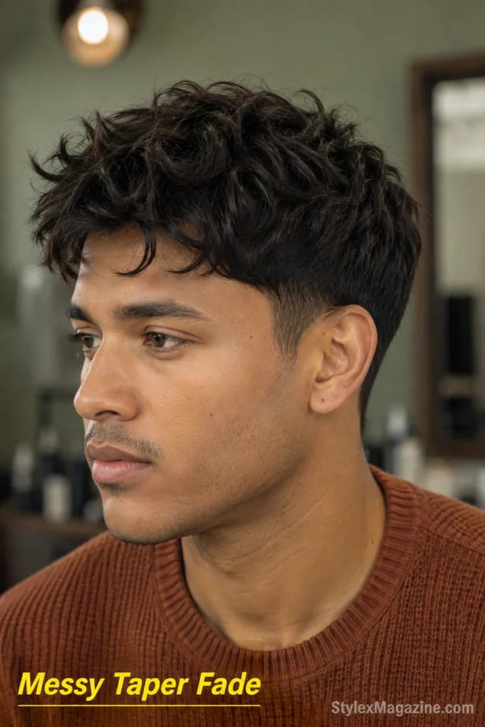Messy taper fade haircut with clean blended sides and a loosely tousled layered top.