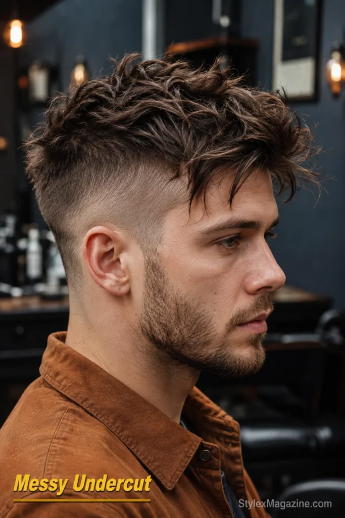 Messy undercut hairstyle with very short sides and a full textured top styled loosely.