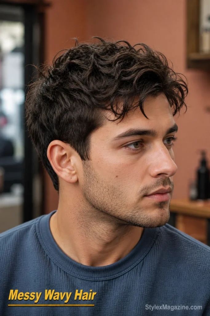 Messy wavy hairstyle with natural bends enhanced by soft scissor-cut layering.