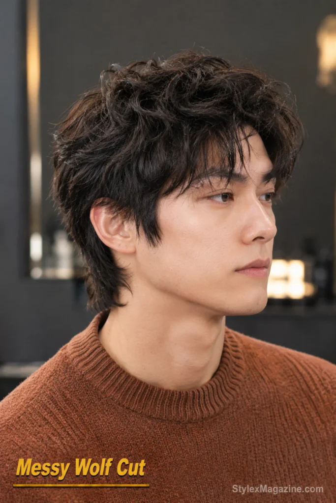 Messy wolf cut for men with crown-heavy layers and a longer naturally tousled back.
