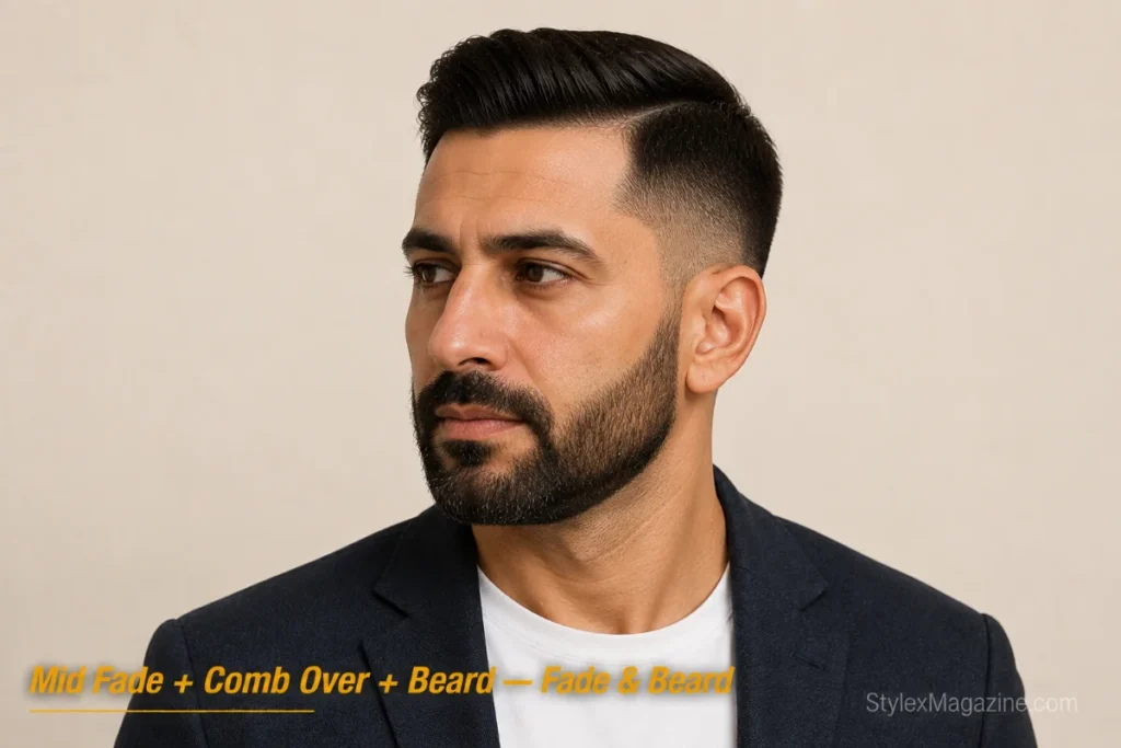 Man with a comb over and mid fade paired with a medium beard