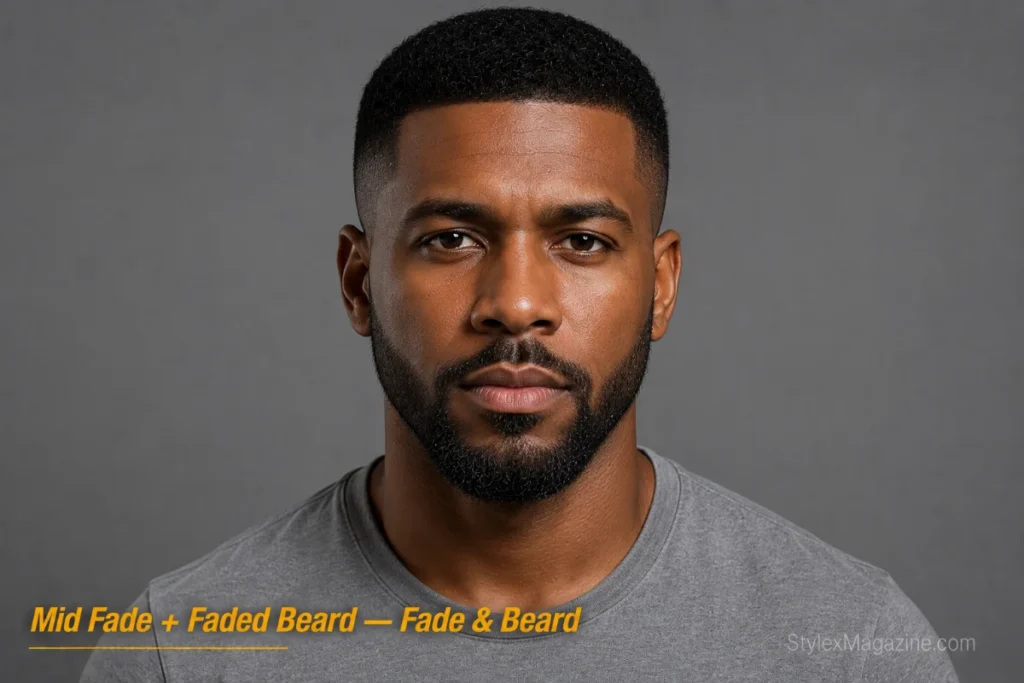  Man with a crew cut and mid fade paired with a faded beard showing matched gradients