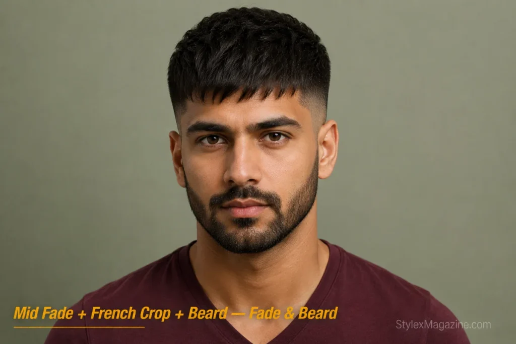 Man with a French crop and mid fade paired with a short beard