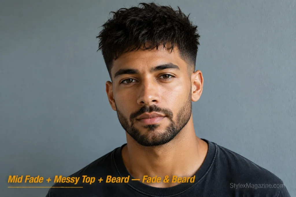 Man with a messy textured top and mid fade paired with a short beard 