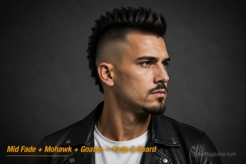  Man with a mohawk and mid fade paired with a goatee and clean cheeks 