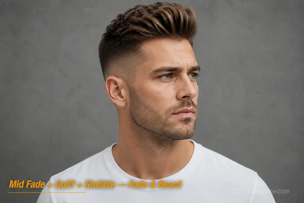 Man with a quiff hairstyle and mid fade paired with heavy stubble