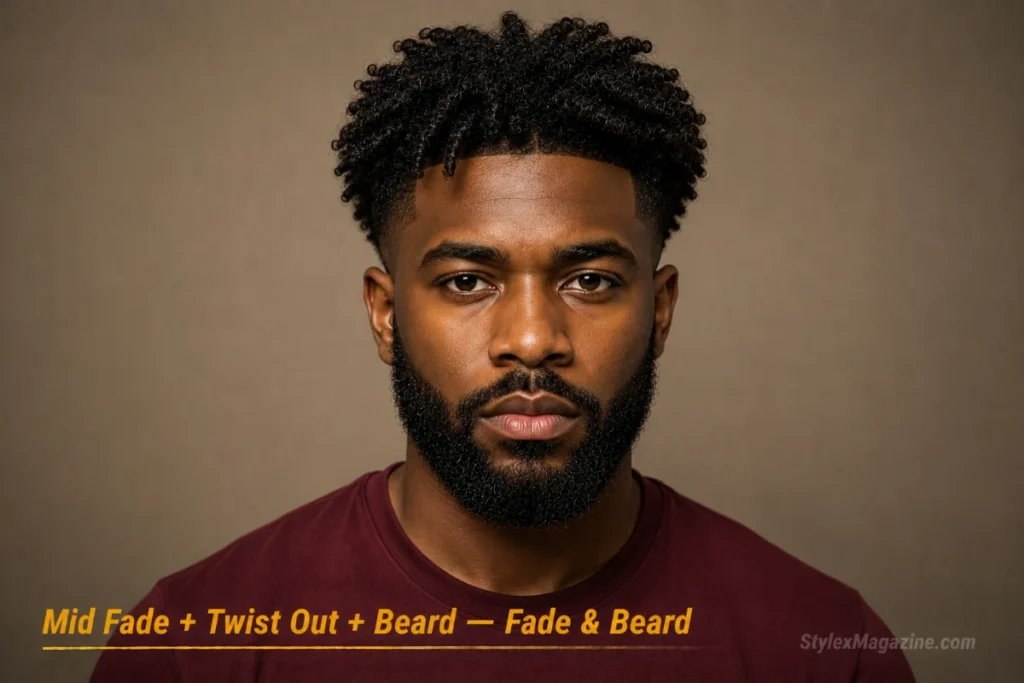 Black man with a twist out and mid fade paired with a medium coily beard 