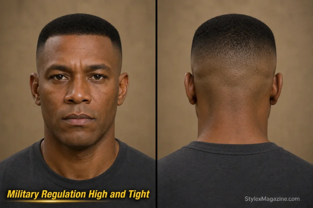  Military regulation high and tight with three-quarter-inch uniform top, skin sides, and squared neckline.