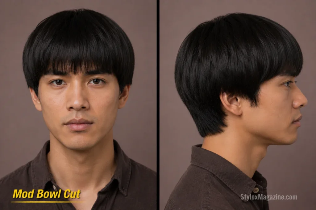 Mod bowl cut with geometric rounded dome, horizontal fringe, and uniform scissor-cut sides.