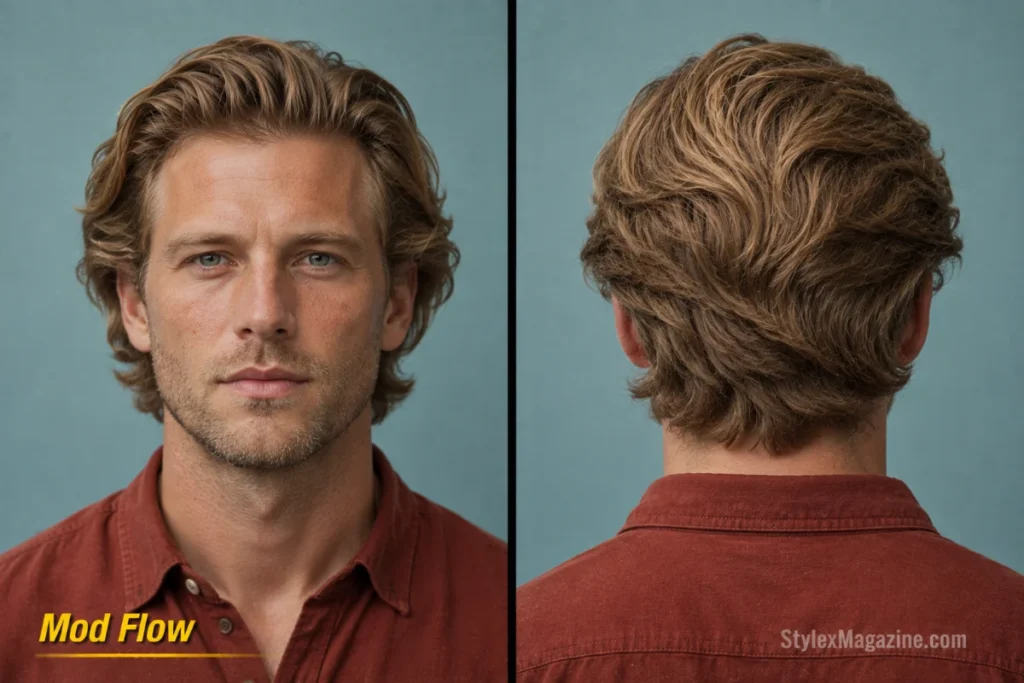Mod flow haircut with ear-grazing sides, swept-back movement, and full scissor-cut silhouette.