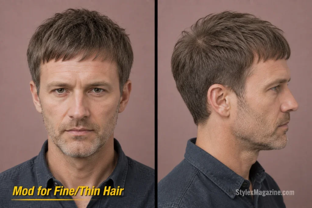 Short mod haircut for fine thin hair with thicker-looking fringe and lightweight root texture