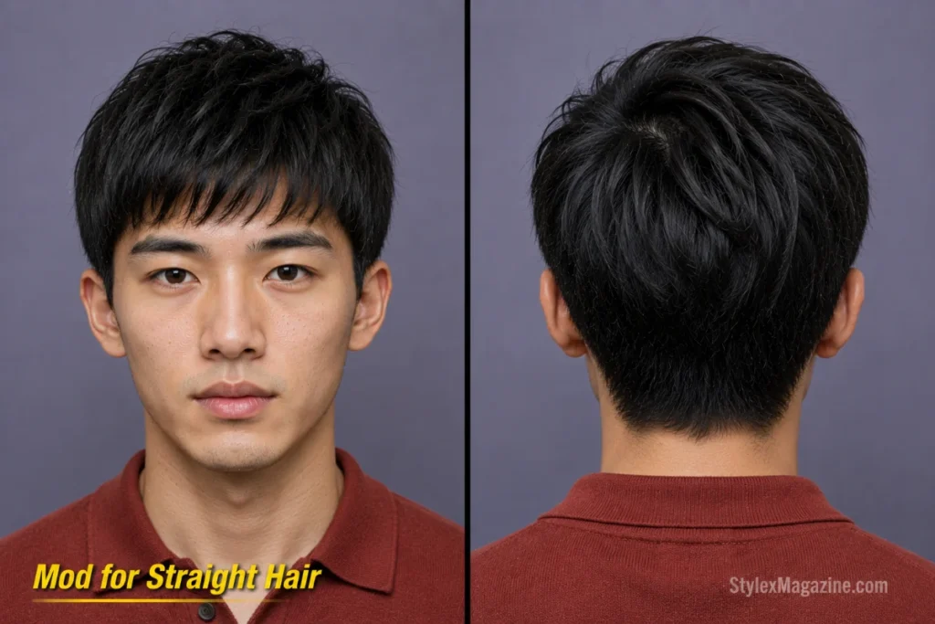 Mod haircut for straight hair with precision layering, forward fringe, and texturized crown