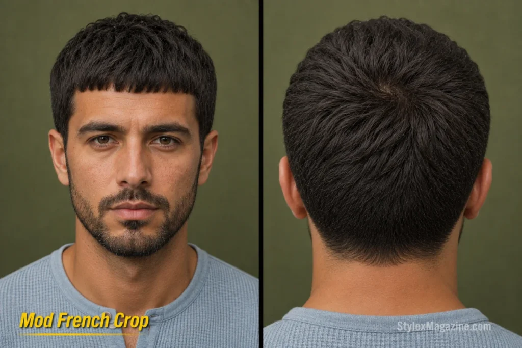Mod bowl cut with geometric rounded dome, horizontal fringe, and uniform scissor-cut sides.