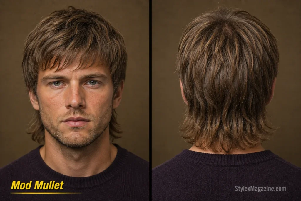 Mod mullet haircut with structured forward fringe, uniform sides, and longer collar-length back.