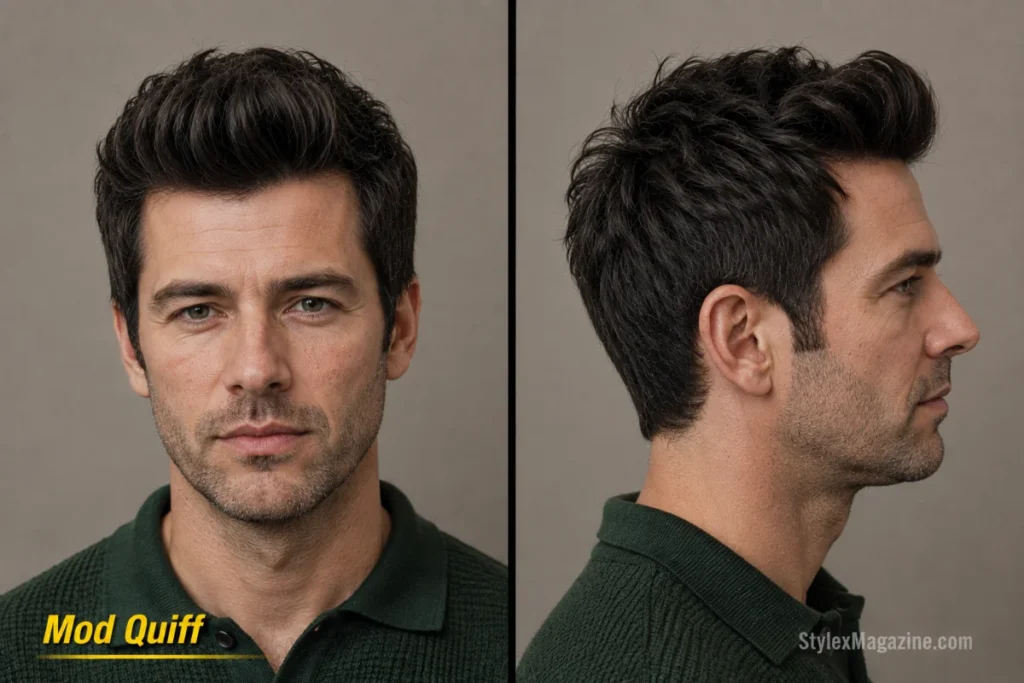 Mod quiff haircut with lifted front, contained height, and short scissor-cut sides.