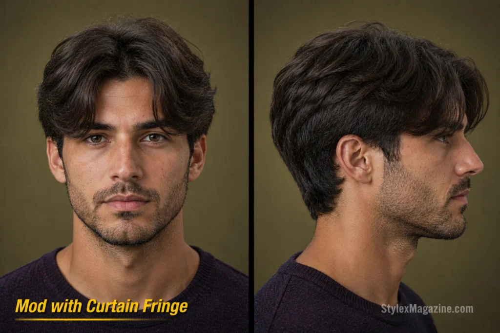 Mod haircut with centre-parted curtain fringe, rounded sides, and soft face-framing movement.