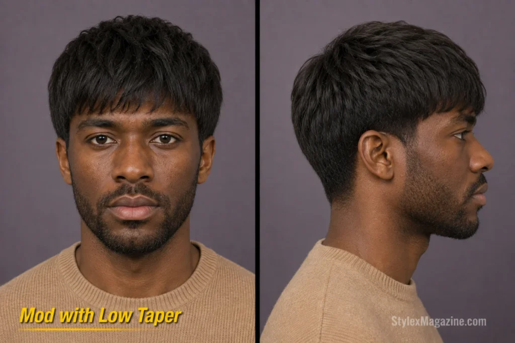 Mod haircut with minimal low taper around the ears and neckline while retaining full scissor-cut sides.