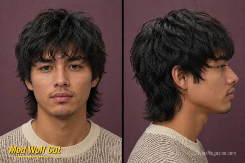 Mod wolf cut with choppy fringe, disconnected crown layers, fuller sides, and longer back