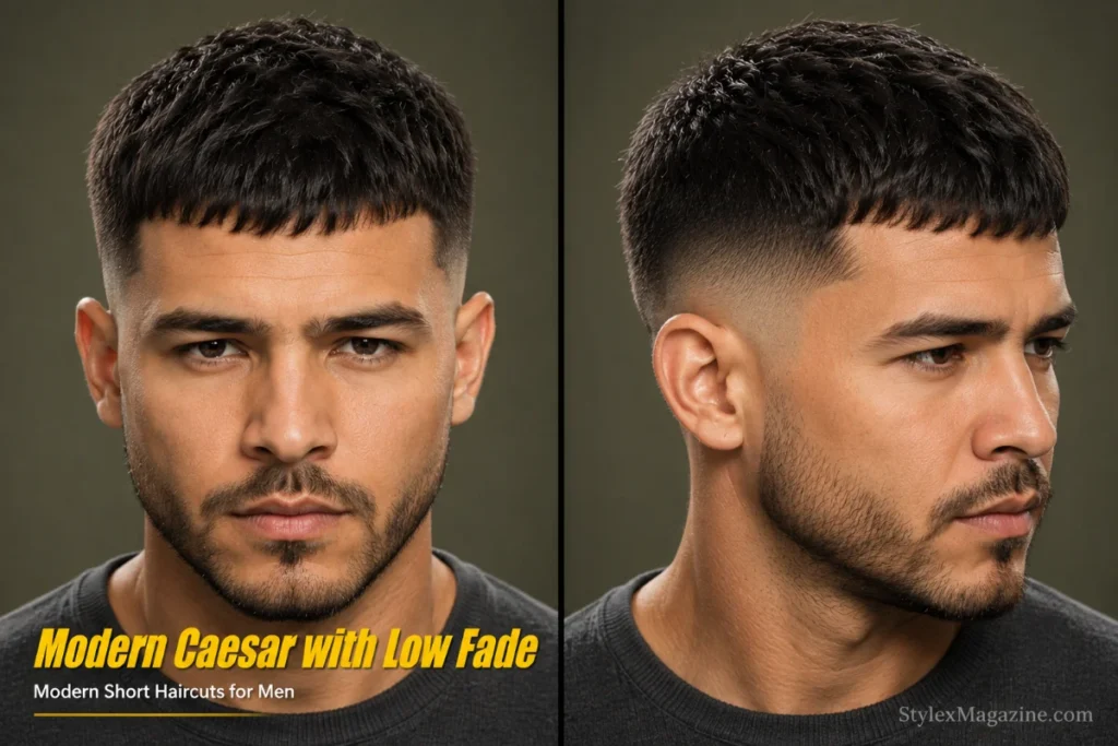 Modern Caesar haircut with low fade featuring textured forward fringe, short top length, and clean faded sides.