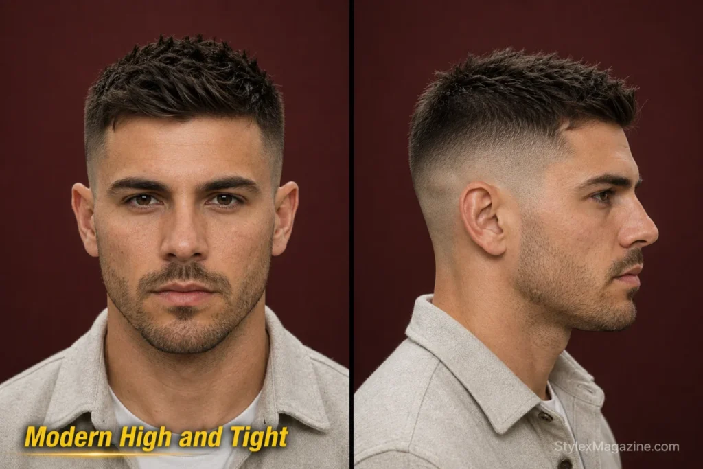  Modern high and tight haircut with textured two-inch top and clean skin-faded sides.