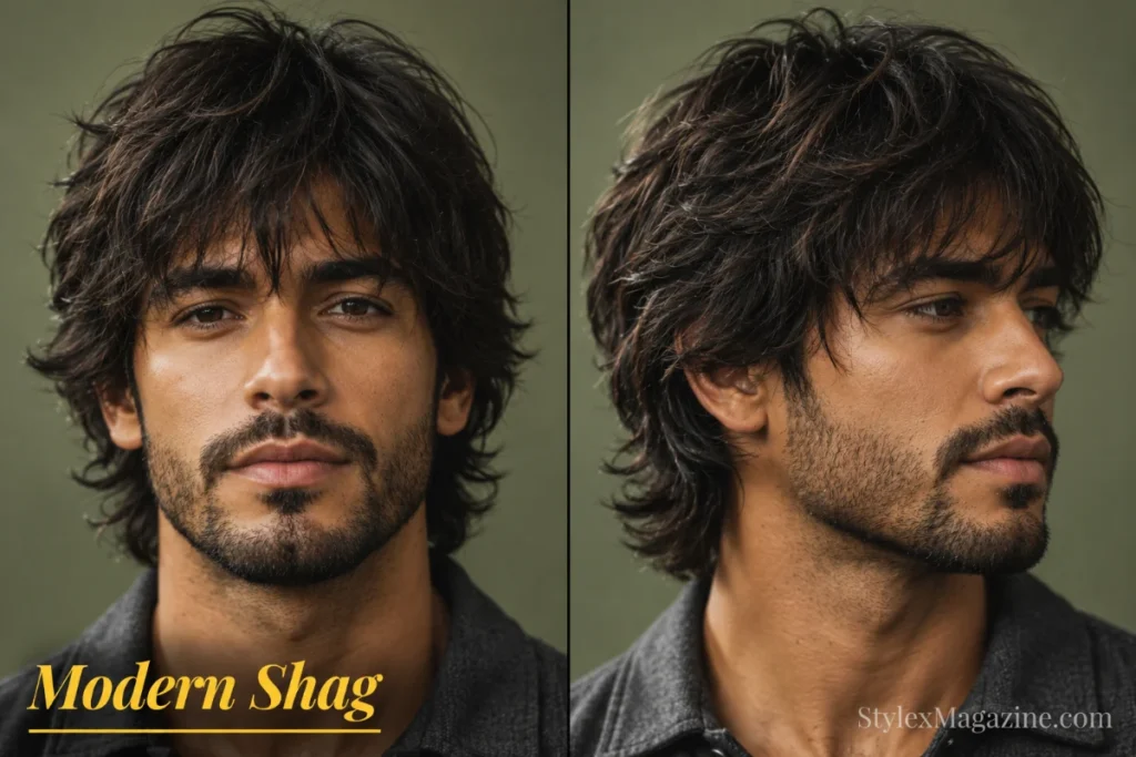 Modern shag haircut for men featuring textured layers, soft fringe, and contemporary natural movement.