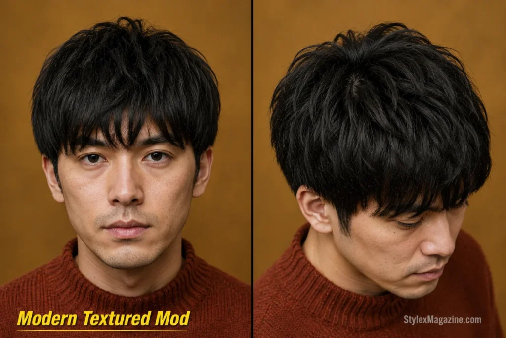 Modern textured mod haircut with separated fringe, internal layering, and textured crown.