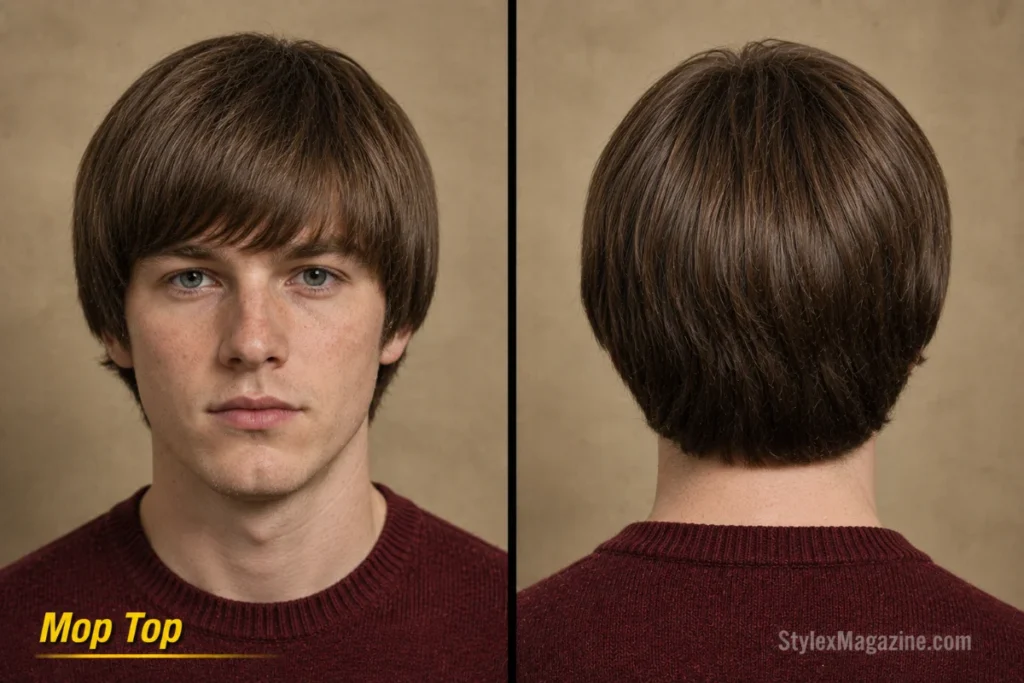 Mop top mod haircut with smooth rounded dome, forward fringe, ear-covering sides, and full back.