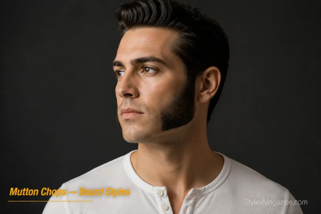 Man with classic mutton chops showing thick sideburns with clean chin and no mustache
