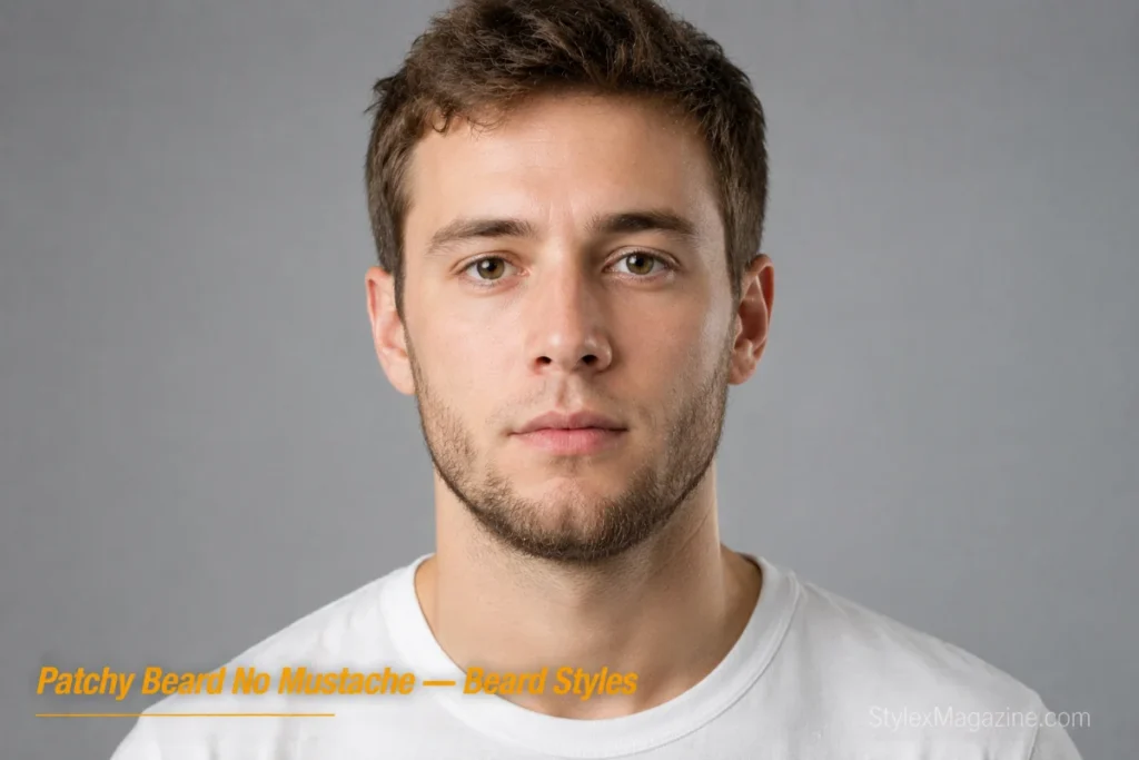Man with a patchy short beard showing chin-focused density and clean-shaven upper lip