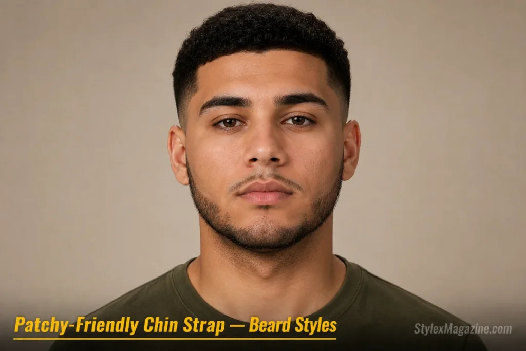 Man with a patchy-friendly chin strap showing a wider band that uses the densest jawline growth