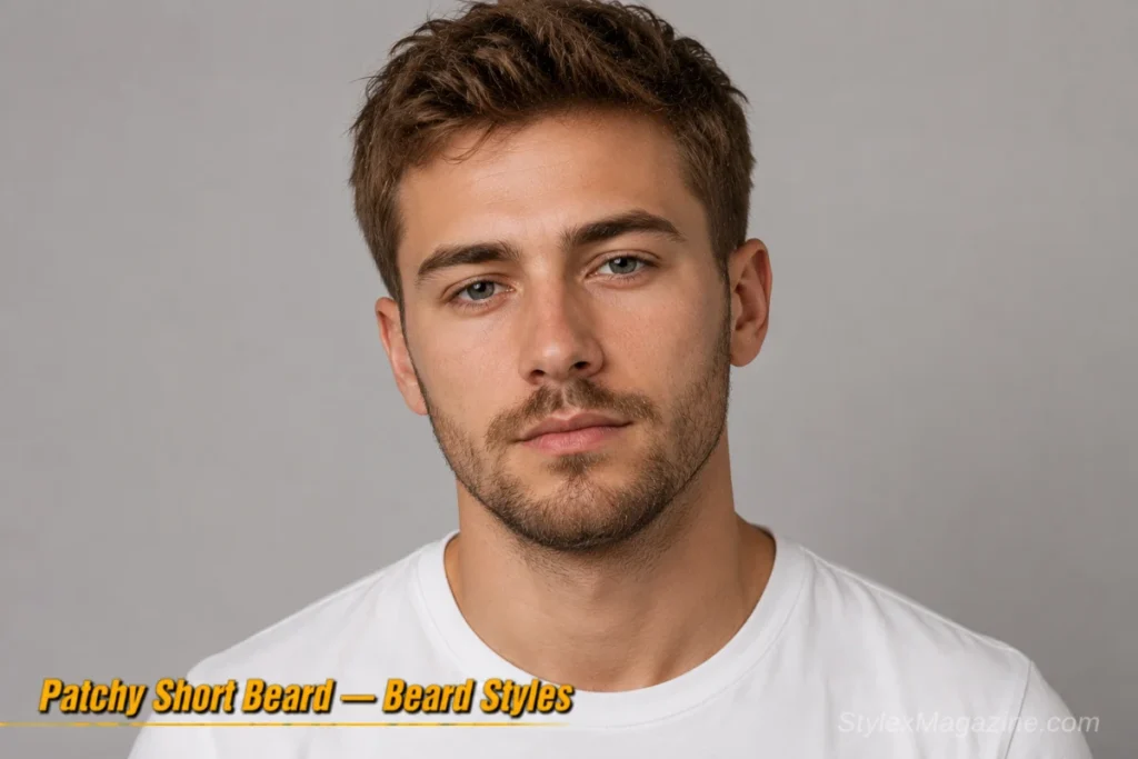 Man with a patchy short beard at stubble length showing chin-focused density with thinner cheeks