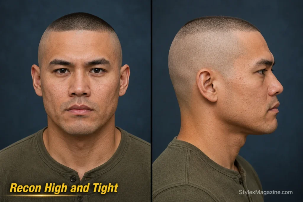 Recon high and tight haircut with bare skin sides and an extremely short crown strip.
