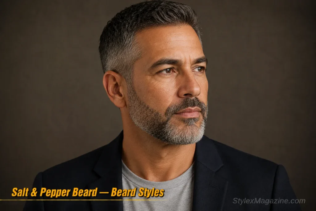 Older man with a salt and pepper short beard showing natural grey and dark mix with sharp edges