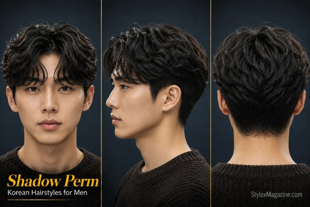 Shadow perm Korean hairstyle for men featuring soft textured waves, natural volume, and a relaxed layered finish.