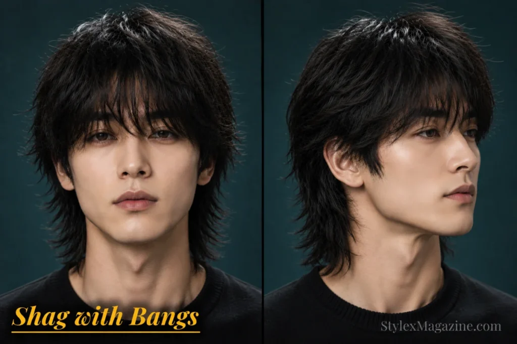 Shag haircut with bangs for men featuring textured fringe, layered sides, and natural movement.