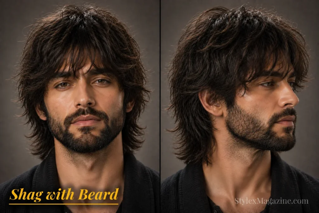 Shag haircut with beard for men featuring layered texture, natural movement, and balanced facial hair.